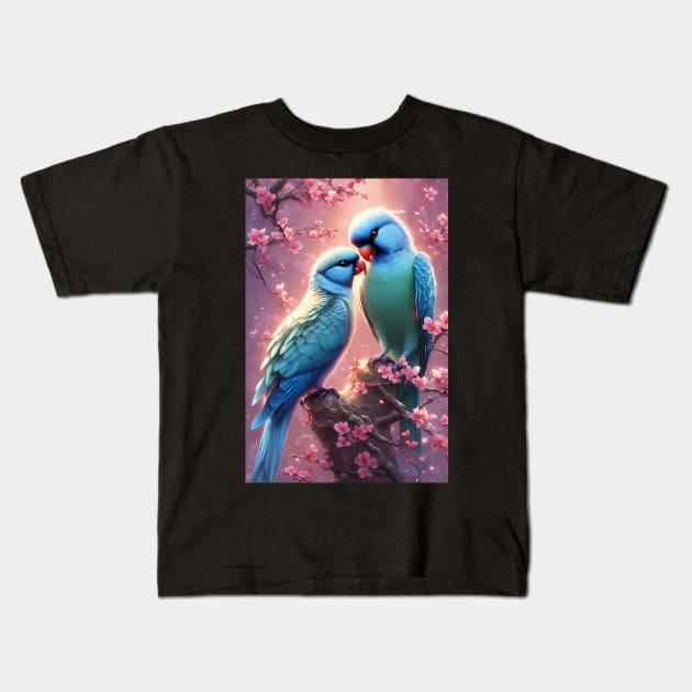 Beautiful  fantasy love birds Kids T-Shirt by Spaceboyishere